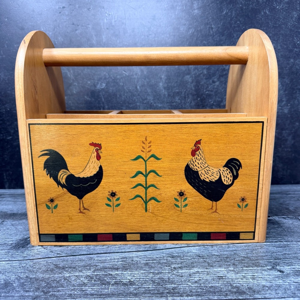 M. Kamenstein Wooden Caddy Rooster Folk Art Wood Brown 1990s Kitchen Organizer